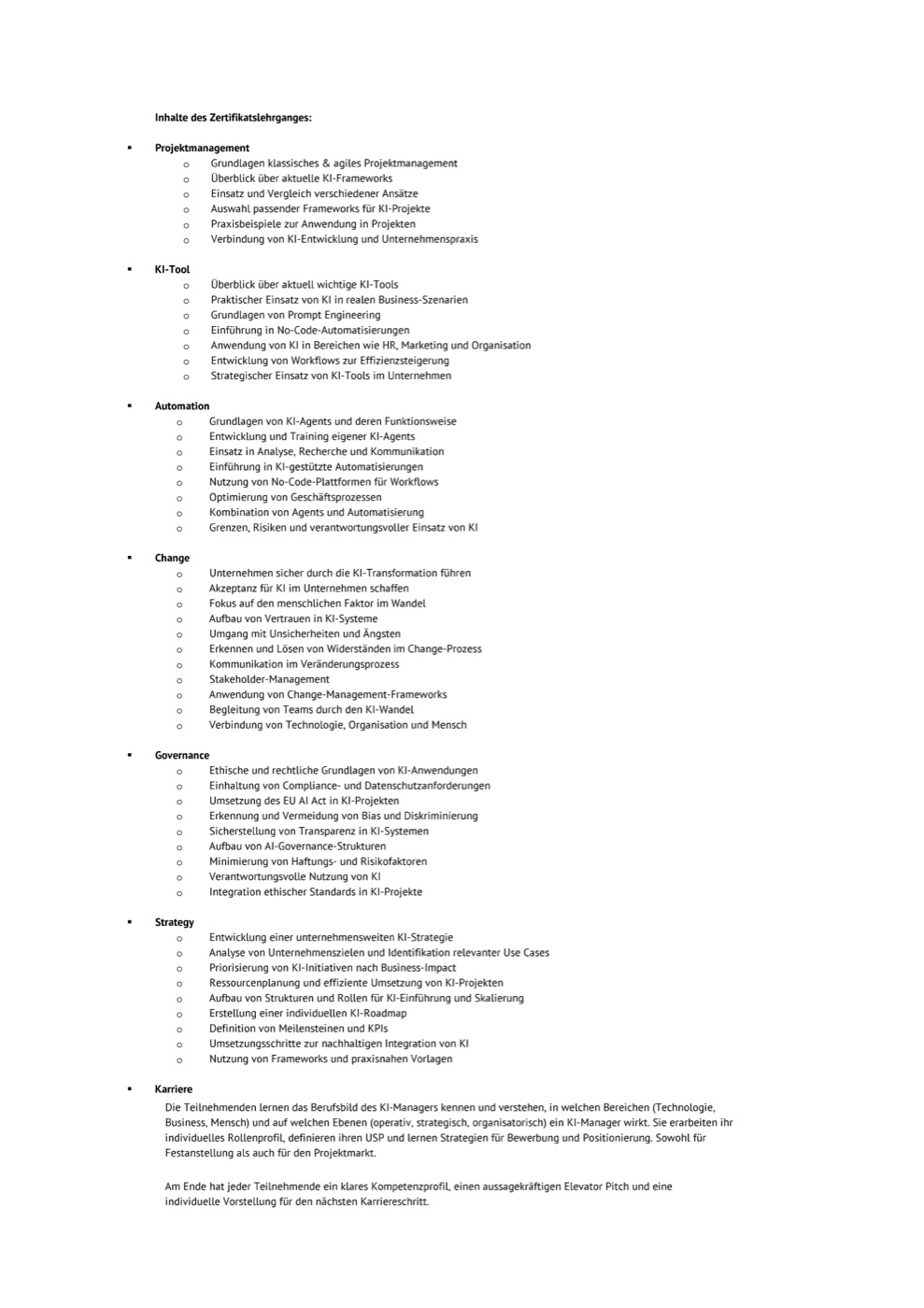 IHK-Zertifikat, Seite 2: Inhalte des Zertifikatslehrgangs in den Modulen Projektmanagement, KI-Tool, Automation, Change, Governance, Strategy und Karriere.