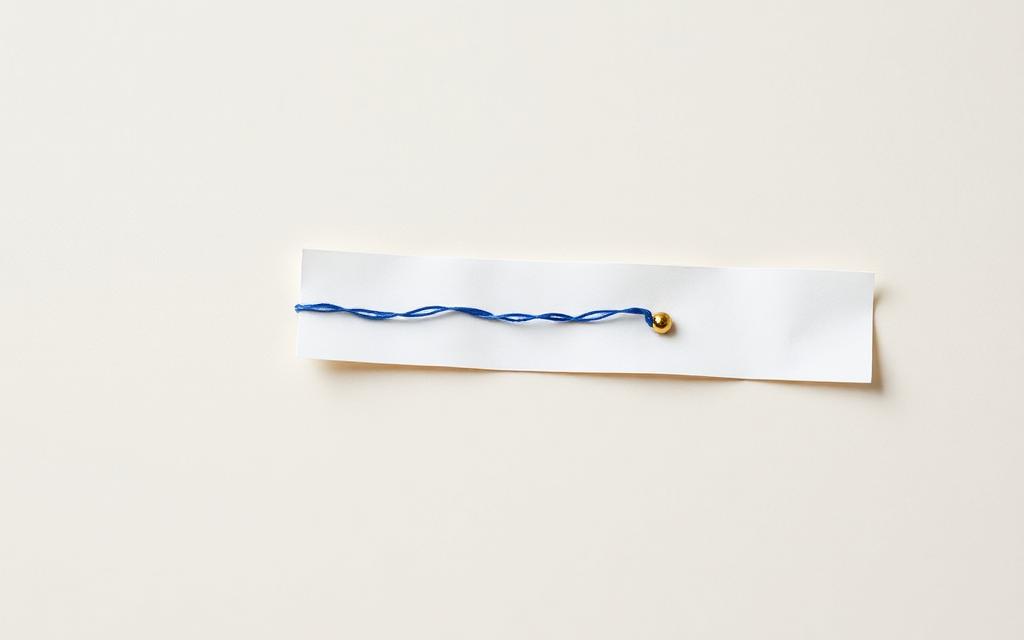 Ein gefalteter Papierstreifen, durch den ein feiner blauer Faden wie eine Datenleitung verläuft.