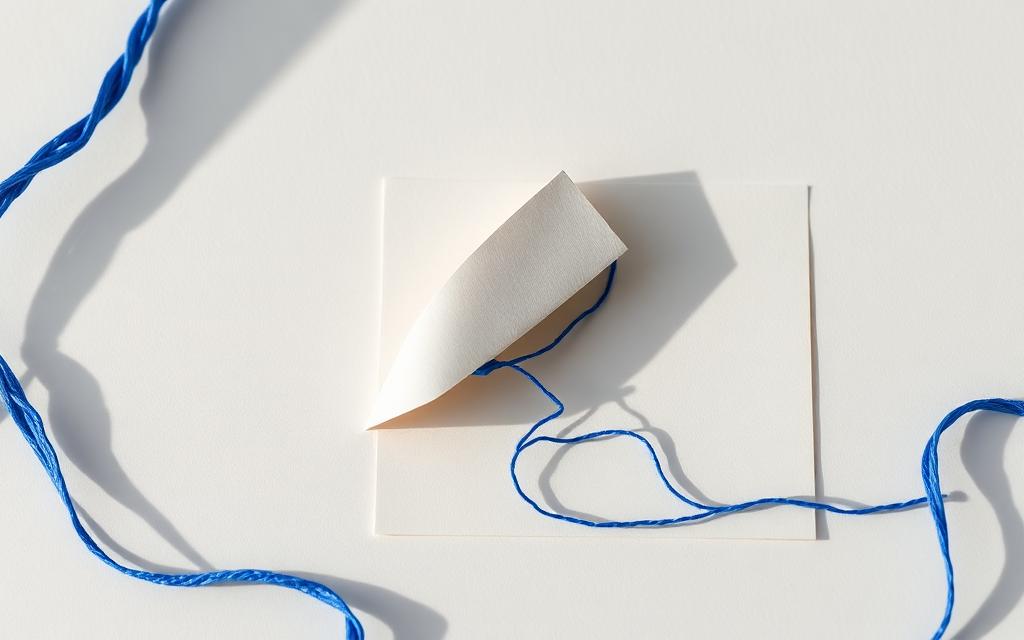 Ein gefaltetes Papierheftchen, durch das ein blauer Faden als Leitlinie verläuft.
