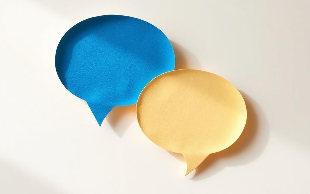 Zwei übereinanderliegende Sprechblasen aus Papier, eine mit blauem und eine mit goldenem Faden.