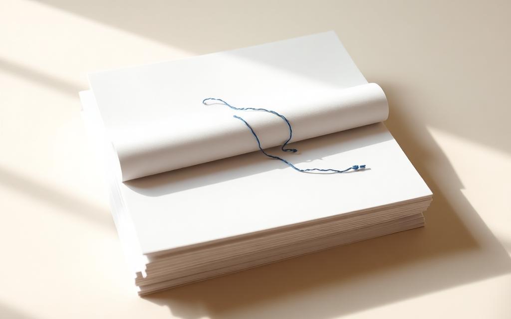Ein Stapel weißer Papierbögen, durchzogen von einem feinen blauen Faden wie einer markierten Zusammenfassung.